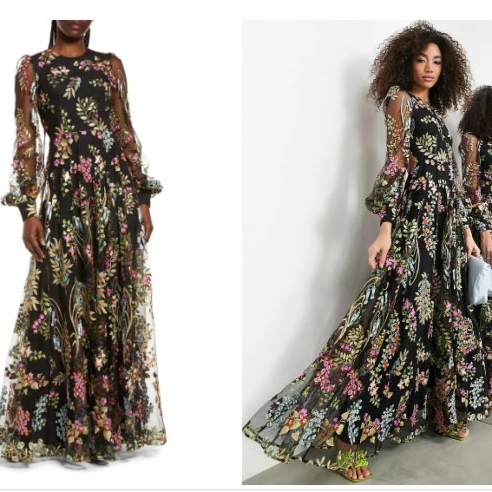 ASOS Design Black Floral Embroidered Maxi Gown Dress $355 Size 0